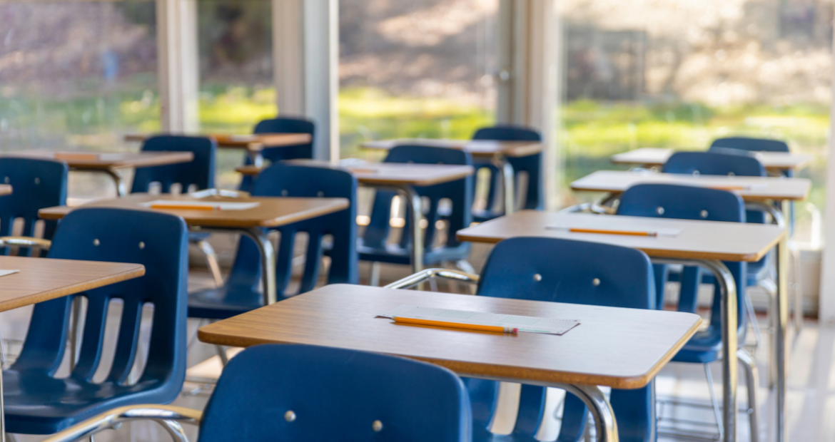 View of classroom with student desks