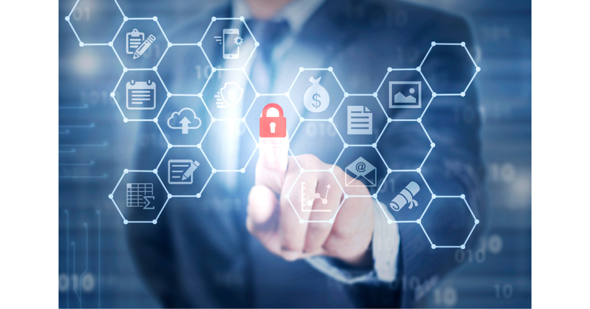 A business professional interacts with a digital interface showing icons for cybersecurity and document management, with a central red lock icon symbolizing secure access