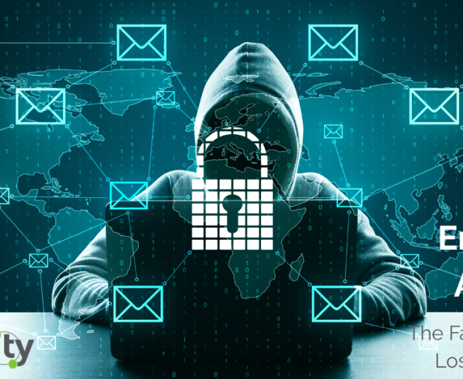 Dark-themed graphic showing a hooded figure at a laptop surrounded by email icons and binary code. A large padlock icon overlays the center. Text reads: “Endpoint Attacks: The Fastest Way to Lose Everything.” Logo for COMtuity in the bottom left corner.