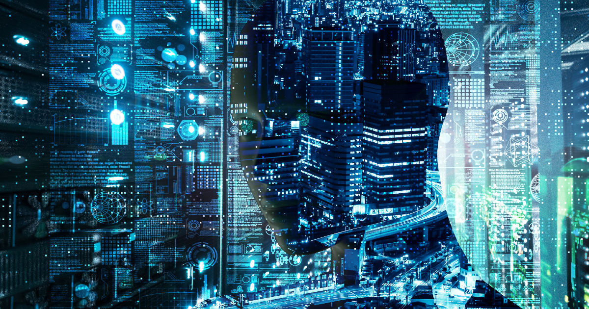 Cityscape blended with a digital face silhouette and data elements to represent artificial intelligence in business environments