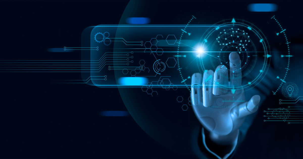Robotic hand interacting with a transparent digital interface filled with hexagons and futuristic data symbols