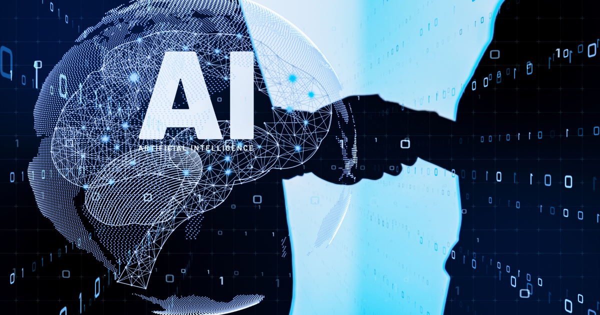 AI brain graphic made of networked nodes overlaying a handshake silhouette, symbolizing human-AI collaboration