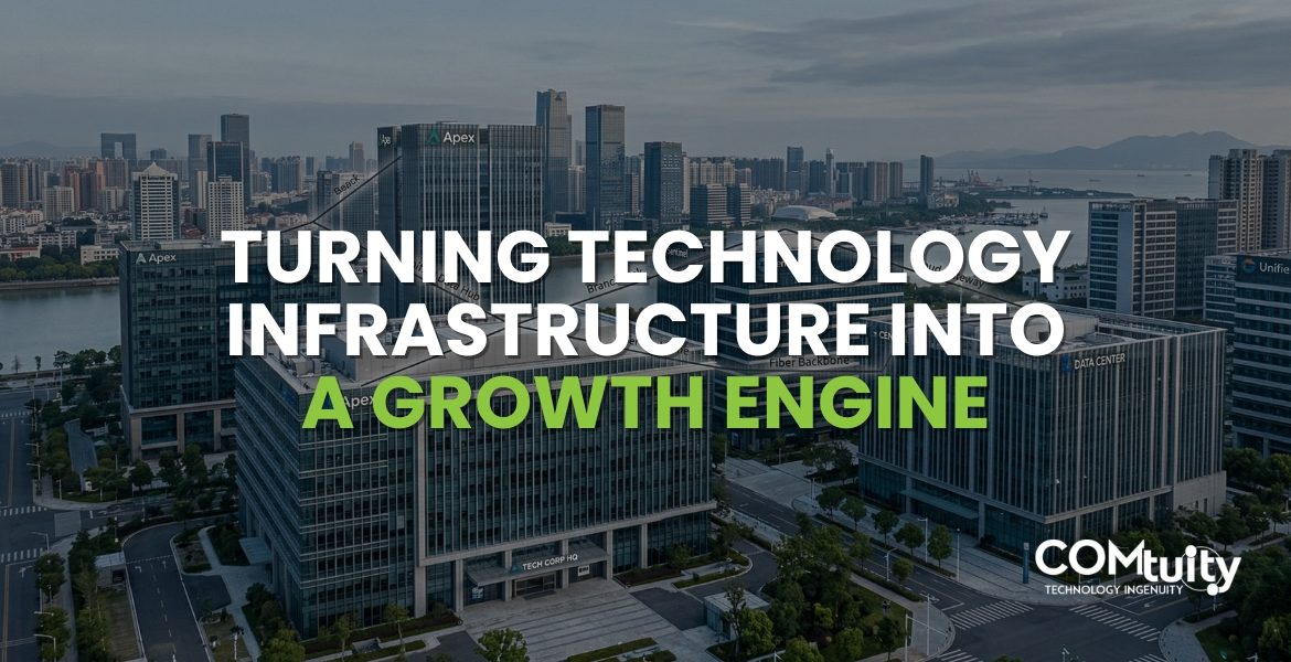 Modern business district with connected office buildings representing technology infrastructure driving business growth