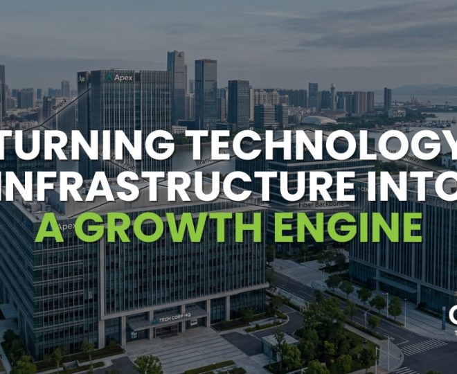 Modern business district with connected office buildings representing technology infrastructure driving business growth