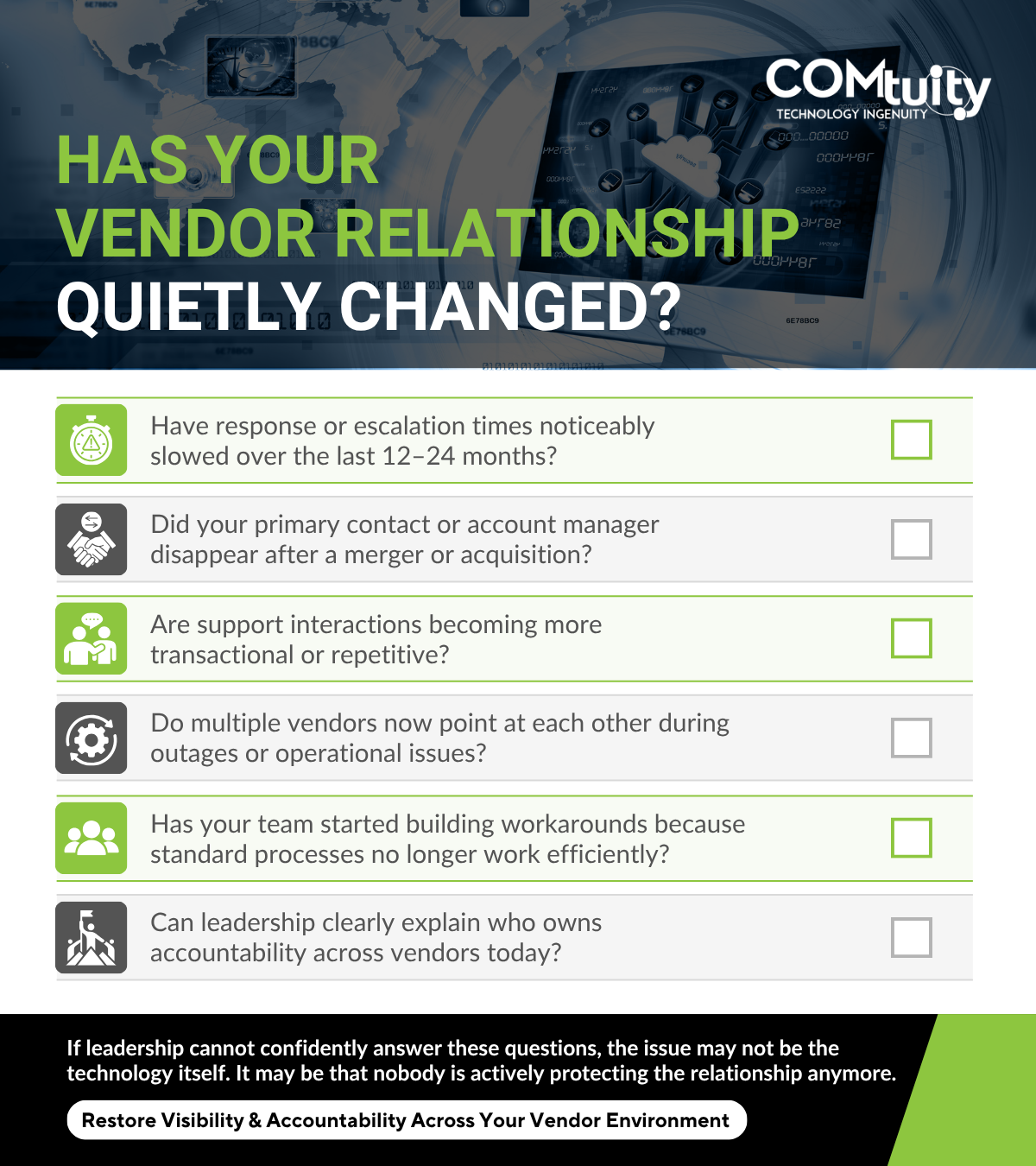 Executive checklist helping leadership identify warning signs of vendor consolidation, including slower response times, lost account ownership, and reduced accountability.
