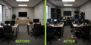 Before-and-after comparison showing IT stack drift as a simple office technology environment becomes crowded with servers, devices, and tangled infrastructure. 