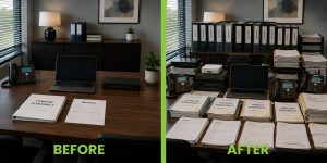 Before-and-after comparison showing vendor sprawl, duplicate IT equipment, contracts, invoices, and renewals increasing hidden costs and complexity. 