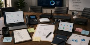 Corporate technology planning table showing connectivity, applications, vendor renewals, security, compliance, and IT strategy decisions.