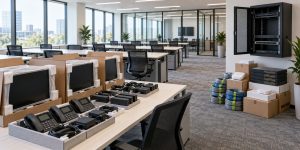New office with monitors, phones, network equipment, and cables awaiting installation as part of technology planning for business growth.
